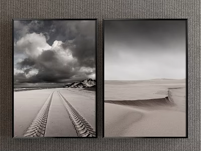 Two Black and White Landscape Paintings with Cloudy Sky Beach Tire Tracks and Sand Dunes 3d model