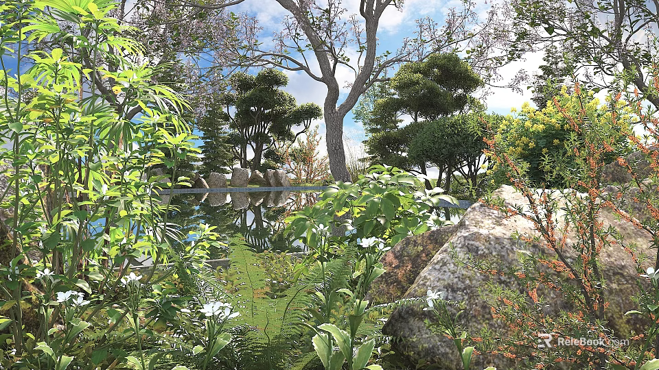 Lush Green Shrubs In Serene Garden With Rocks And Foliage Plants 3d model 