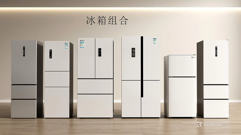 Refrigerators and Freezers Assortment with Modern Designs in Showroom 3d model 