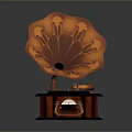 Vintage Gramophone With Orange Floral Horn And Wooden Base Design