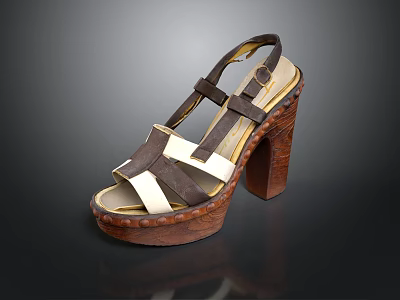 Fashionable High Heel Sandals With Wooden Block Heel And Brown Beige Straps 3d model