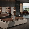 Modern Office Desk With Wooden Top White Storage Cabinets And Laptop Near Sofa