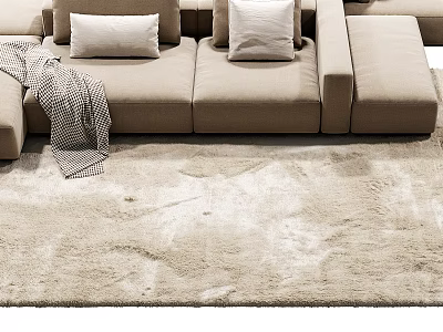 Beige Square Rug in Living Room with Sofa Pillows and Soft Blanket 3d model