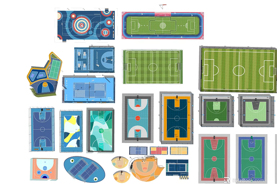Various Sports Field Floor Plans With Football Basketball Tennis And Stadium Layout Designs 3d model 