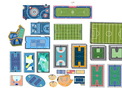 Various Sports Field Floor Plans With Football Basketball Tennis And Stadium Layout Designs 3d model