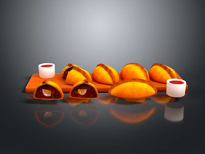 Delicious Crispy Fried Dumplings Served on Wooden Tray with Red Sauce Cups 3d model