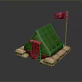 Green Outdoor Tent Furniture With Red Flag And Beige Base Mats