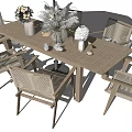 Outdoor Wooden Rectangular Table And Chairs Set With White Umbrella And Decorative Vases