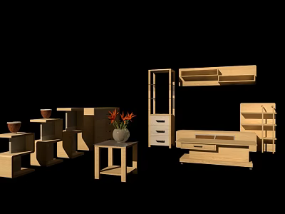 Various Types Of Wooden Cabinets And Storage Furniture With Small Table And Flower Vase 3d model