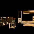 Various Types Of Wooden Cabinets And Storage Furniture With Small Table And Flower Vase