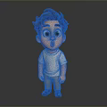Cartoon Child Brown Curly Hair Big Eyes White T-shirt Khaki Pants Black Shoes Gray Background