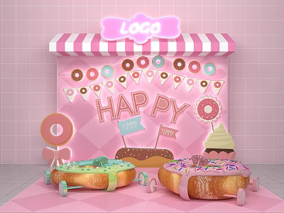 Interactive Area With Pink Background Logo Sign Striped Awning Donut Decorations And Happy Banner 3d model