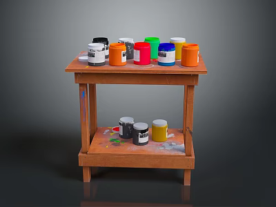 Modern Creative Studio With Colorful Paint Cans On Wooden Cart 3d model