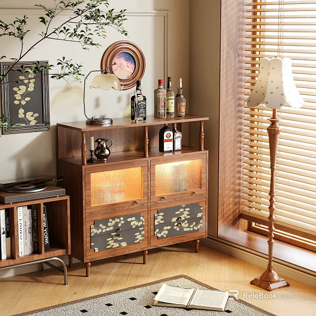 Elegant Wooden Sideboard with Glass Doors Decorative Patterns Wine Bottles Table Lamp Near Window Blinds 3d model 