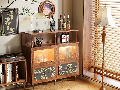 Elegant Wooden Sideboard with Glass Doors Decorative Patterns Wine Bottles Table Lamp Near Window Blinds 3d model