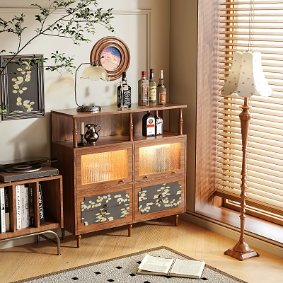 Elegant Wooden Sideboard with Glass Doors Decorative Patterns Wine Bottles Table Lamp Near Window Blinds 3d model
