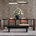 Modern Restaurant Interior With Open Dining Table Chairs Bench Pendant Light And Flower Vase