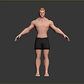 A Shirtless Muscular Man With Blonde Hair In Black Shorts Standing Barefoot