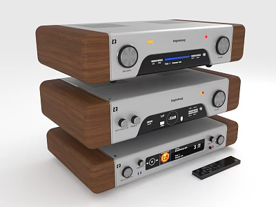 Stacked Audio System With Wooden Panels Silver Body And Remote Control 3d model