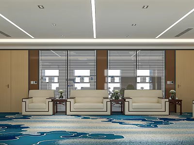 Spacious Conference Room With Large Windows Blinds Beige Sofas Wooden Walls And Blue Patterned Carpet 3d model