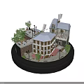 Cartoon Scene With Vines Covered Building Green Yellow Striped Awning Street Lamps Bicycle Cobblestone Street