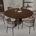 Modern Round Wooden Dining Table Set with Six Upholstered Chairs and Neutral Rug