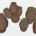 Ceramic Vessels In Various Sizes And Shapes With Green Moss Inside 3d model