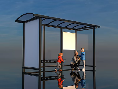 Bus Shelter Canopy With Black Frame Transparent Roof And Adult Children 3d model