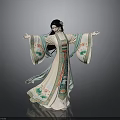 Woman Wearing Traditional Light Robe With Floral Patterns And Green Accents In Dancing Pose
