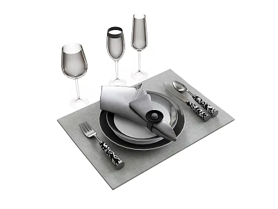 Elegant Tableware Set with Placemat Plates Folded Napkin Cutlery and Wine Glasses 3d model