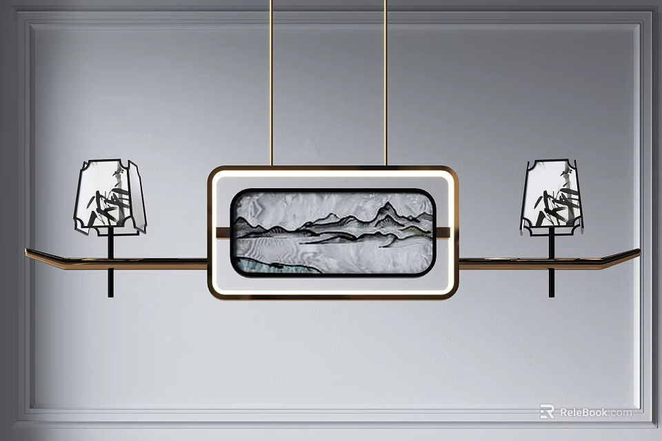 Chinese Style Chandelier With Rectangular Ink Landscape Frame And Side Transparent Lanterns 3d model