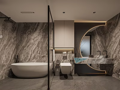 Modern Luxury Bathroom Interior With Marble Finishes Freestanding Tub And Round LED Backlit Vanity Mirror 3d model