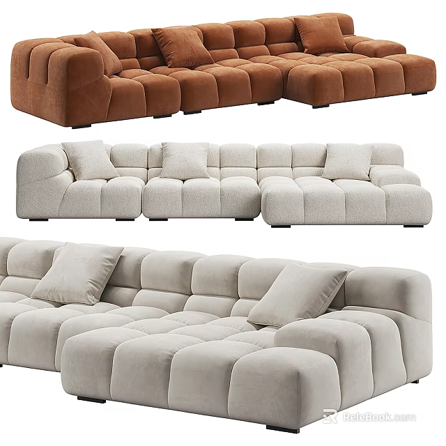 Modern Modular Multi Seater Sofa With Square Cushions And Pillows In Brown Beige Tones 3d model