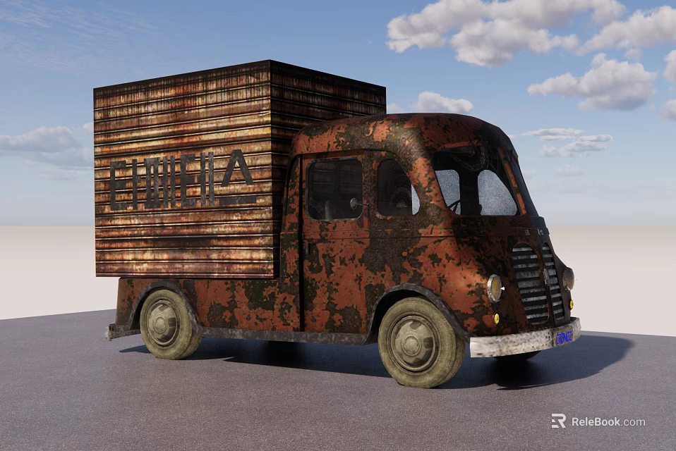 Old Rusty Vintage Delivery Truck With Weathered Wooden Cargo Body And HERTA Logo 3d model 