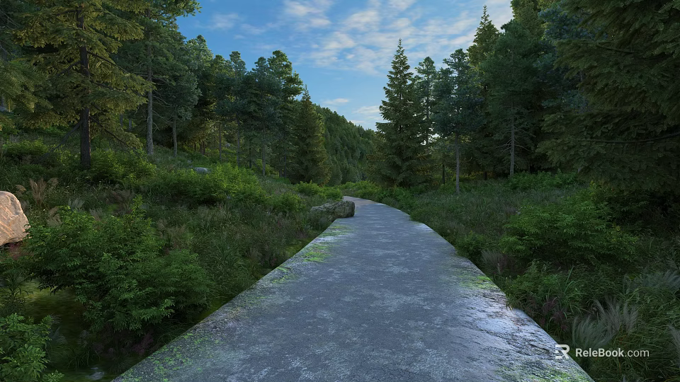Scenic Forest Path Through Lush Green Vegetation With Tall Trees And Blue Sky 3d model 