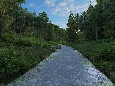 Scenic Forest Path Through Lush Green Vegetation With Tall Trees And Blue Sky 3d model