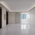 Modern Elevator Hallway With Polished Flooring Ceiling Lighting And Green Exit Sign 3d model