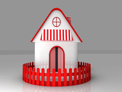 White Small House With Red Roof Round Window Door And Fence 3d model