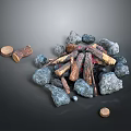 Pile of Natural Wood Pieces and Stone Rocks with Various Sizes and Textures