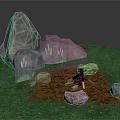 Garden Ornament with Green Grass Large Rocks Small Wood Pile and Surrounding Small Stones