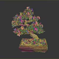 Decorative Bonsai Plant With Pink Flowers In Square Ceramic Pot And Moss