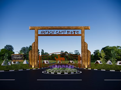 Notai Camp Luxury Camping Site Entrance Gate With Wooden Structure Surrounded By Trees And Tents 3d model