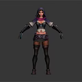 Game Fantasy Character With Purple Hood Red Black Cropped Top Fishnet Waist Glowing Blue Orbs