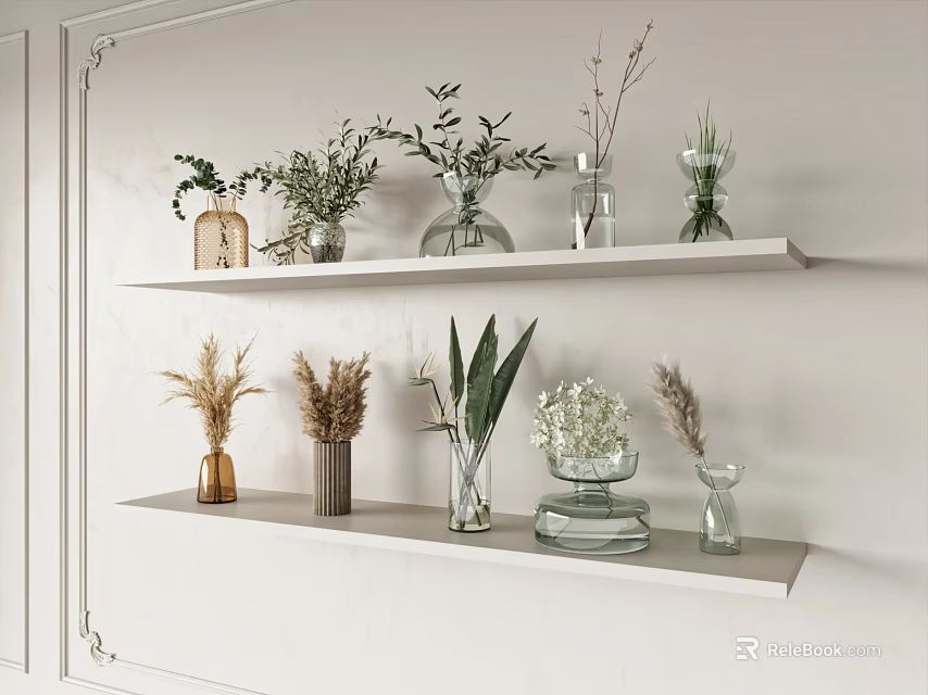 Decorative White Wall Shelves With Glass Ceramic Vases Green Plants And Dried Flowers 3d model 