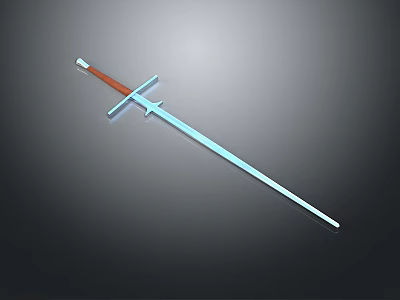 3D Rendered Medieval Sword With Blue Blade Red Handle And Cross Guard On Gray Background 3d model