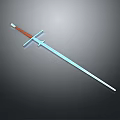 3D Rendered Medieval Sword With Blue Blade Red Handle And Cross Guard On Gray Background