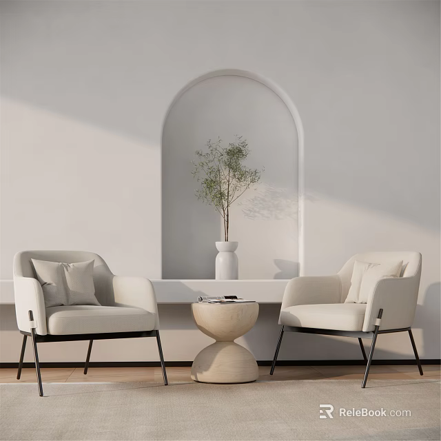 Leisure Sofa Set With Two Beige Accent Chairs Round Coffee Table Arched Niche Green Plant 3d model 