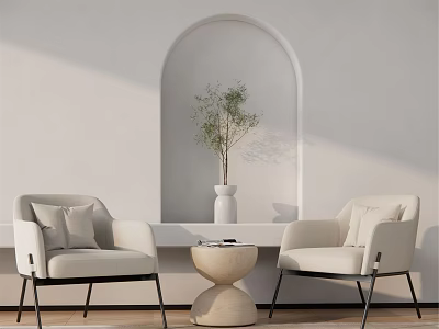 Leisure Sofa Set With Two Beige Accent Chairs Round Coffee Table Arched Niche Green Plant 3d model