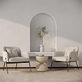 Leisure Sofa Set With Two Beige Accent Chairs Round Coffee Table Arched Niche Green Plant
