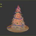 Decorated Christmas Tree On Wooden Circular Base With Red Ribbon Wrapped Around Branches
